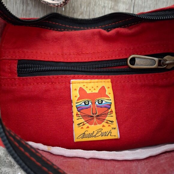 Laurel Burch Red Cotton Cat Face Tote Bag With Triangular Patterns Braided - Picture 5 of 6